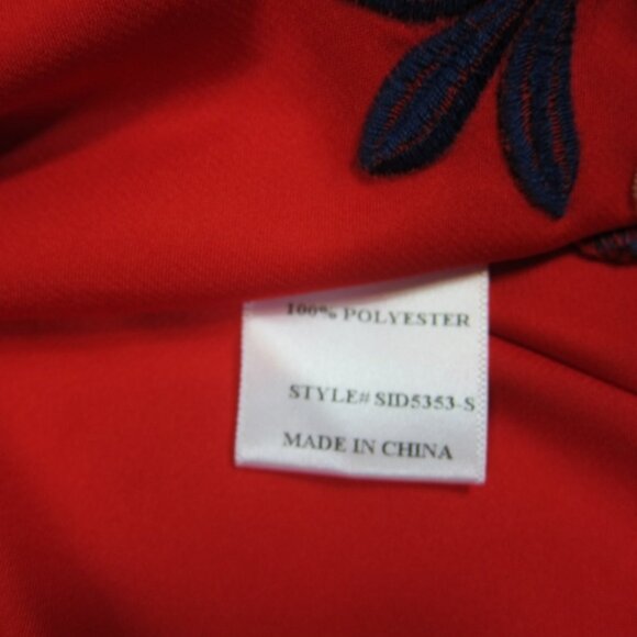 Medium Off Shoulder Dress Red Satin Blue & White Embroidery Mini Shift Dress NEW - Picture 6 of 8